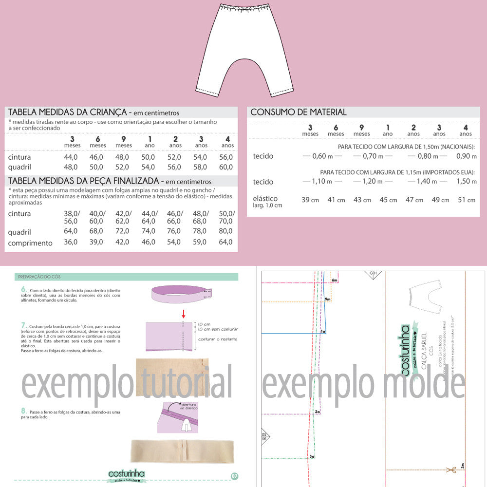Calça saruel infantil e bebê - moldes e passo a passo de costura em PDF para imprimir em casa - tabela de medidas