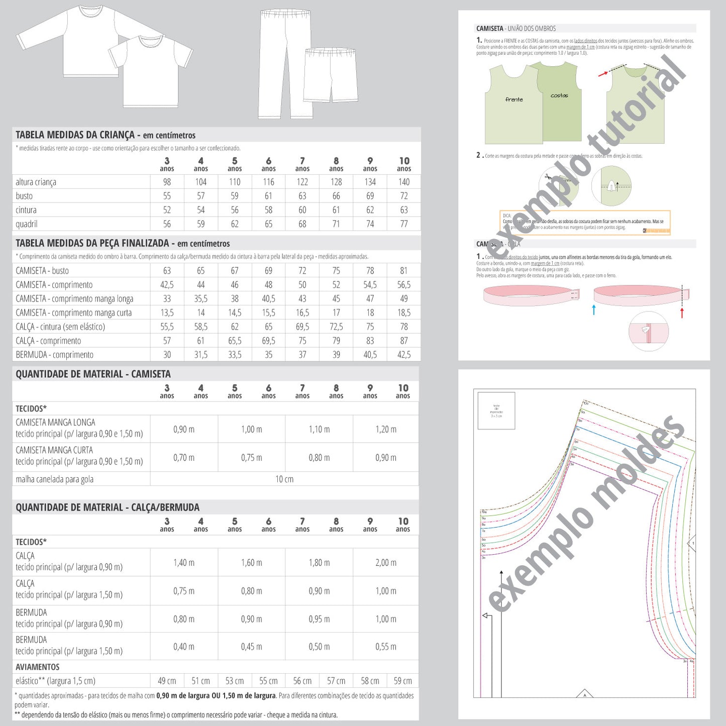 Molde e aula de costura para conjunto em malha infantil - tabela de medidas