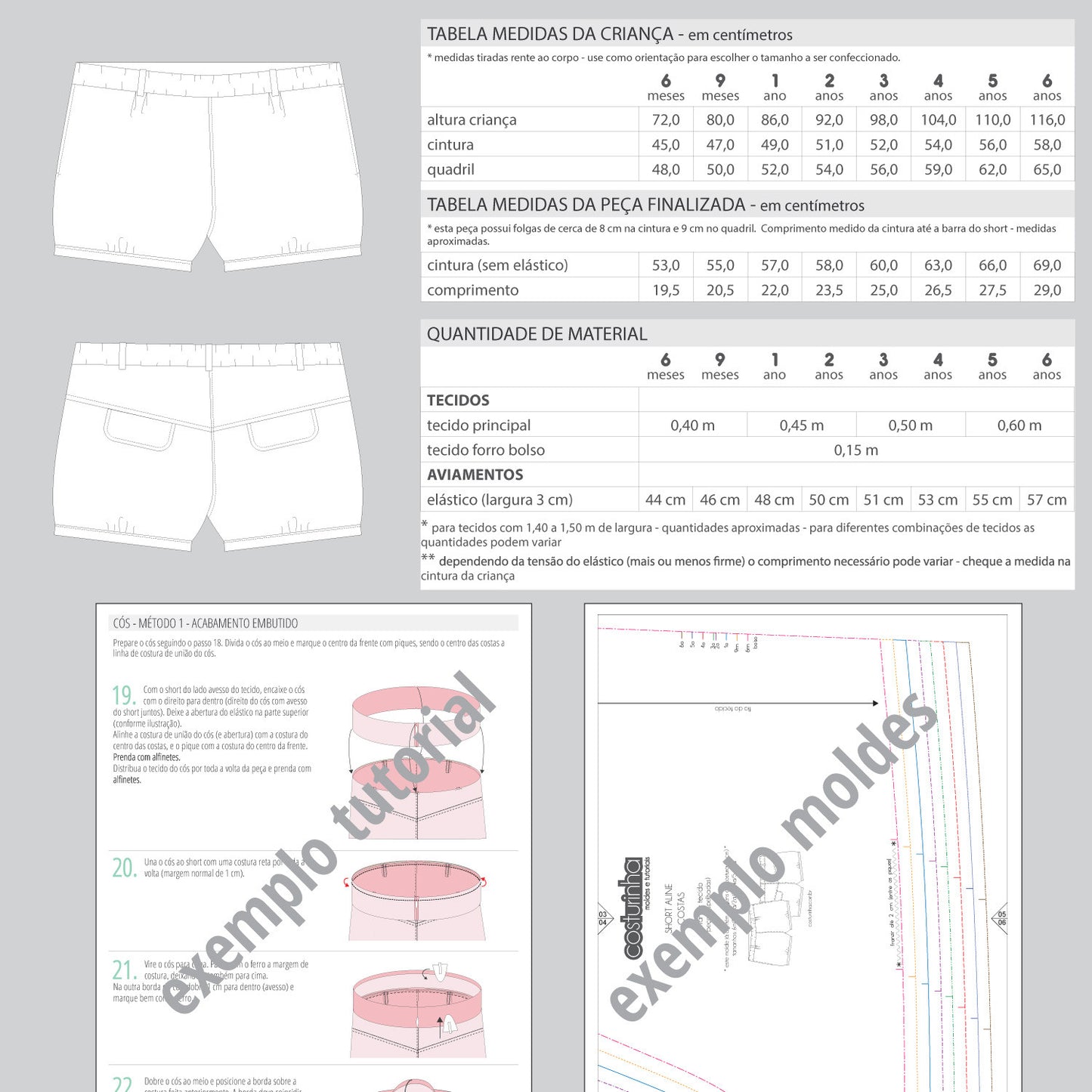 Molde e passo a passo de costura em PDF para short infantil - tabelas de medidas