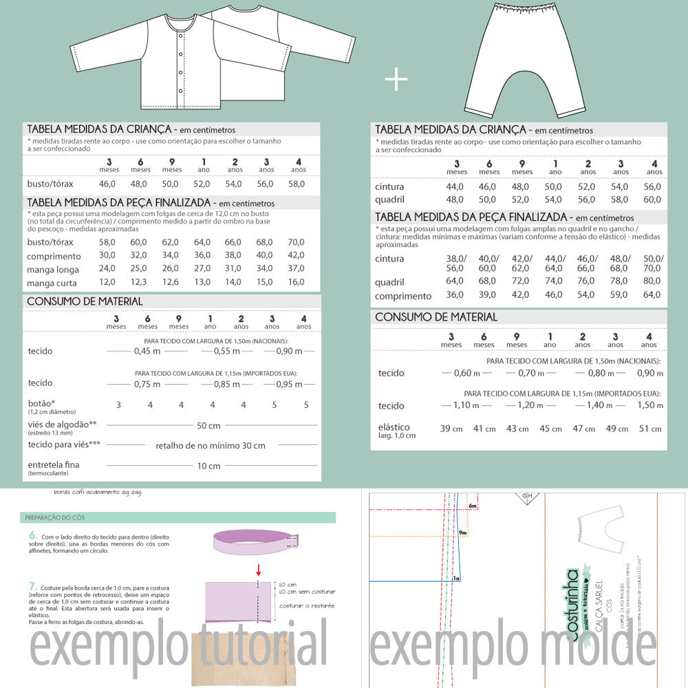 Moldes e passo a passo de costura em PDF para confecção de pijama infantil - tabela de medidas