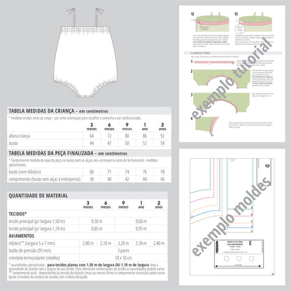 Banho de sol bebê - moldes e passo a passo de costura em PDF - tabela de medidas