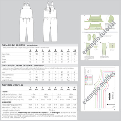 Molde e tutorial de costura para macacão infantil 3 a 10 anos - tabela de medidas - COSTURINHA