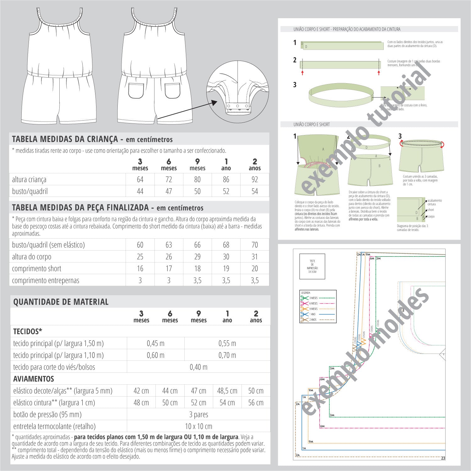 Macaquinho infantil - moldes e tutorial de costura em PDF - tabela de medidas