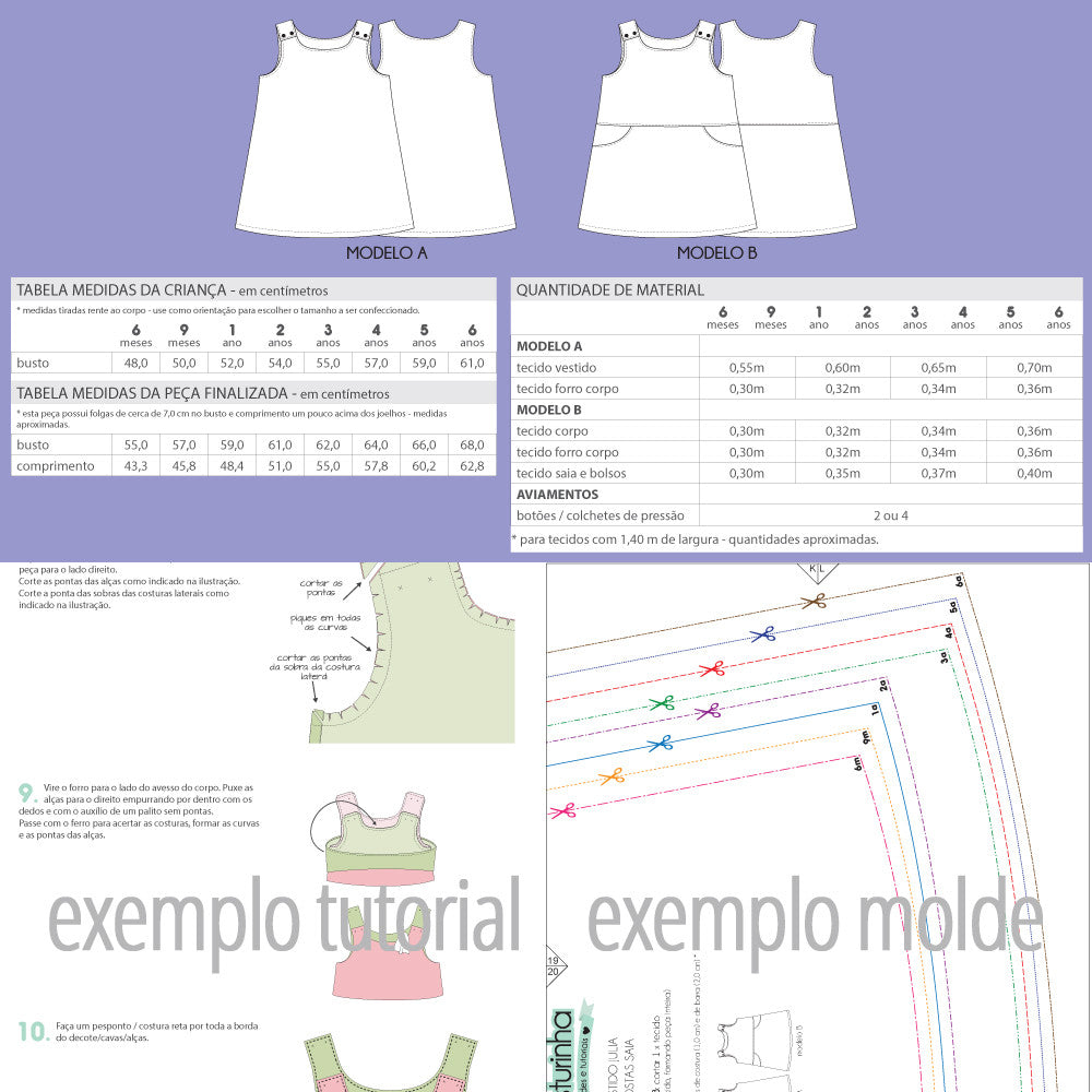 Vestido infantil evasê - moldes e aula de costura em PDF - tabelas de medidas - COSTURINHA