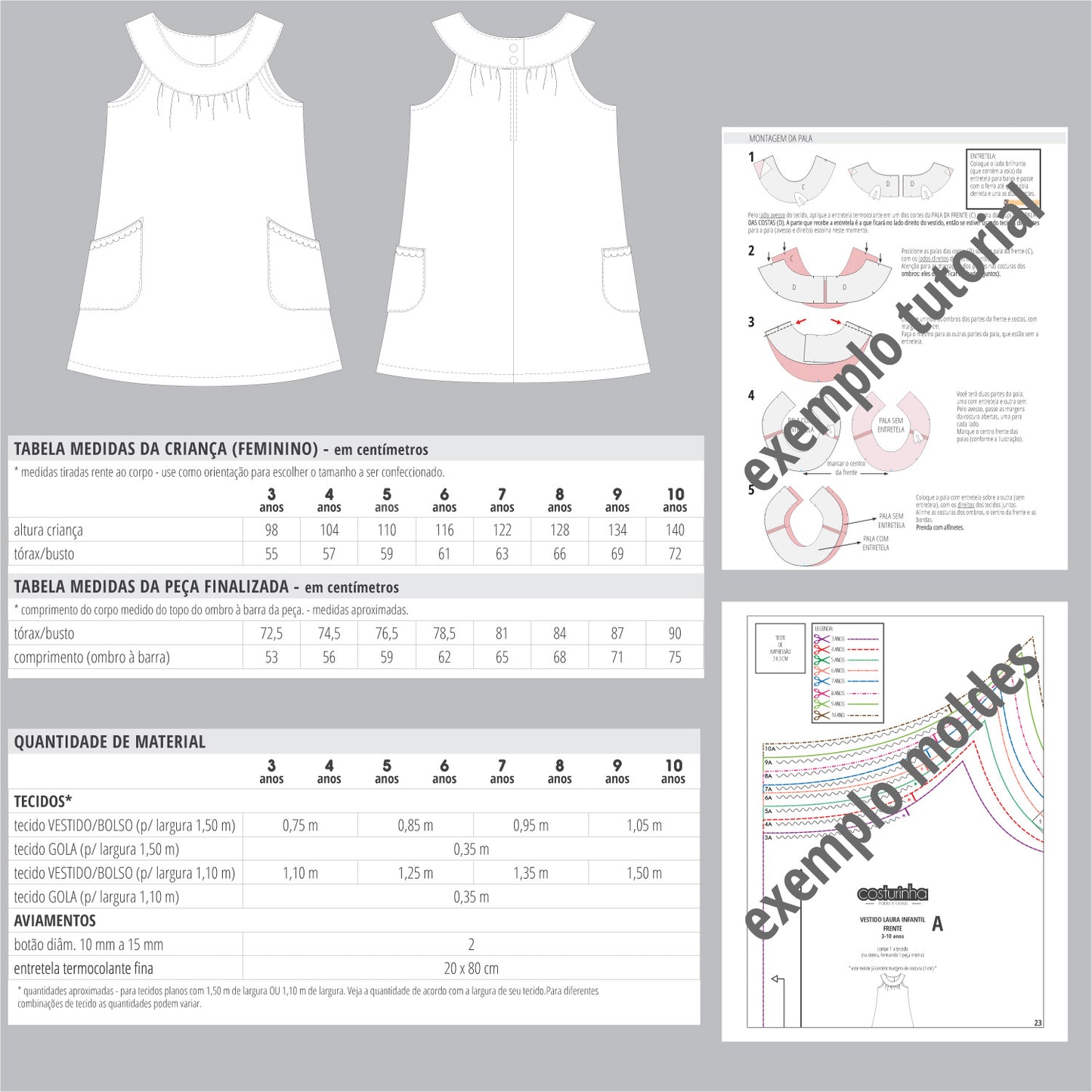 Corte e costura com passo a passo ilustrado de vestido infantil com pala - tabelas de medidas- costurinha modelagem